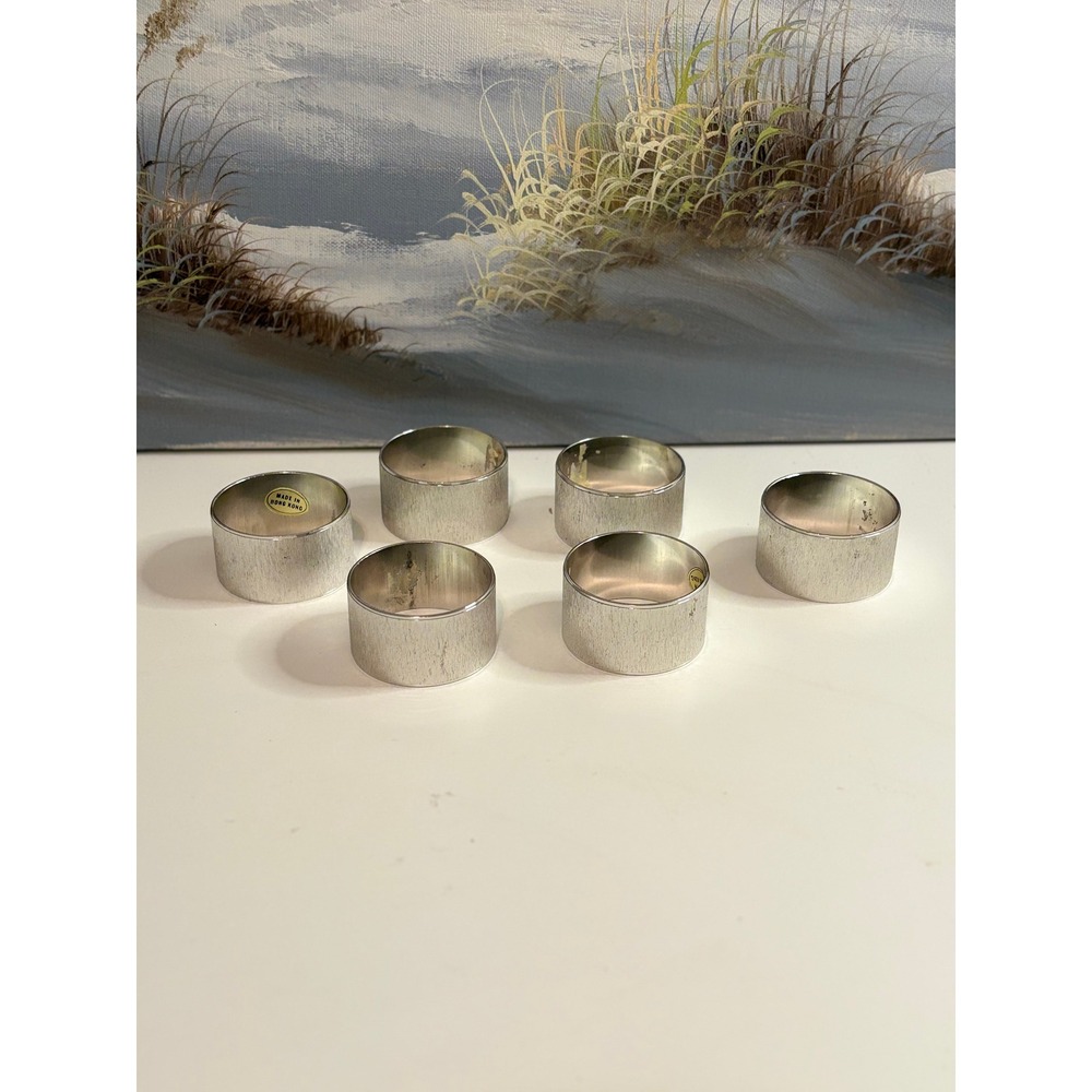 Vintage Brushed‎ Silver Napkin Rings Set of 6 Textured Mid Century Modern MCM